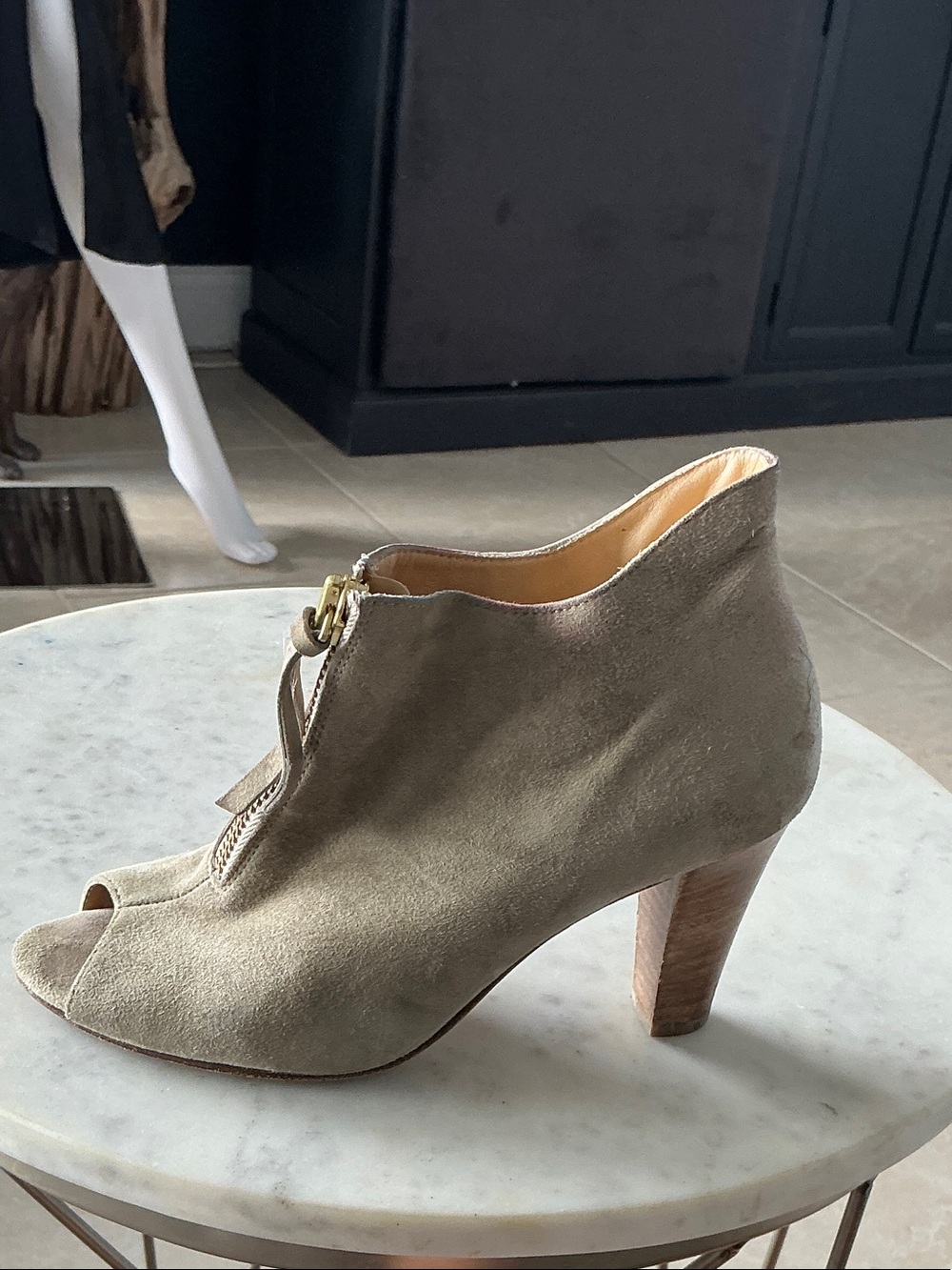 Paul Green Taupe Suede Peep-Toe Ankle Boot with Gold Zip Accent